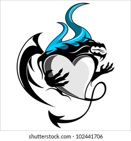 Vector illustration of a dragon tattoo  heart, isolated on white background. Can be used as icon, tag, label, sticker or tattoo.