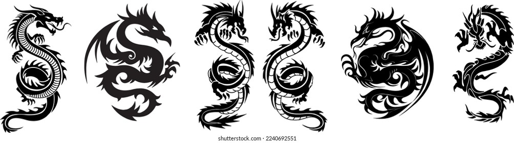 Vector illustration of a dragon for a tattoo. Dragon silhouettes on white background.