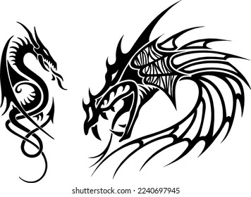 Vector illustration of a dragon for a tattoo. Dragon silhouettes on white background