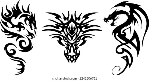 Vector illustration of a dragon for a tattoo. Dragon silhouettes on white background. 