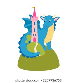 Vector illustration of dragon with tower in cute flat style. Fairytale character isolated on white.