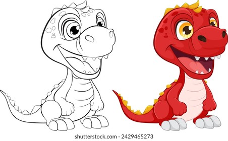 Vector illustration of a dragon, uncolored and colored.