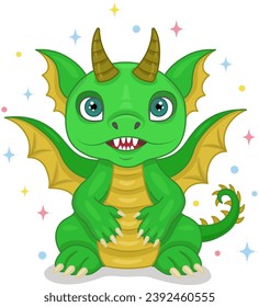Vector illustration of a dragon.Cute fairy-tale dragon. A small green dragon or dinosaur, a cute character on a starry background. A fabulous monster. The symbol of 2024.