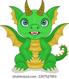 Vector illustration of a dragon.Cute fairy-tale dragon. A small green dragon or dinosaur, a cute character on a starry background. A fabulous monster. The symbol of 2024.