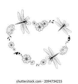 Vector illustration of dragonflies and flowers. Graphic print on clothes .