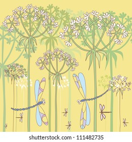 Vector illustration with dragonflies and flowers. Dragonflies in Love. Cartoons wallpaper