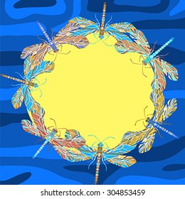 The vector illustration of dragonflies and sun