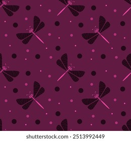 Vector illustration. Dragonfly cartoon seamless pattern on colorful background.