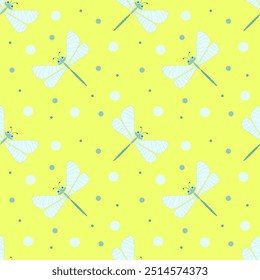 Vector illustration. Dragonfly cartoon seamless pattern on colorful background.