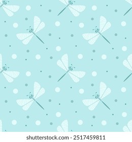 Vector illustration. Dragonfly cartoon seamless pattern on colorful background.