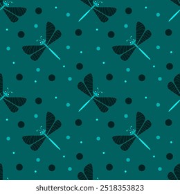 Ilustração vetorial. Dragonfly desenho animado sem emenda padrão em fundo colorido.