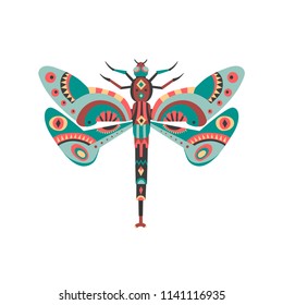 Vector illustration of dragonfly decorated with ethnic patterns.