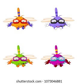 vector illustration of dragonfly with different facial expressions and different color