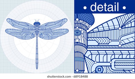Vector illustration of a dragonfly in a draft style.