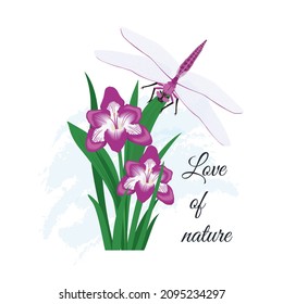 Vector illustration with dragonfly and flowers isolated on a white background.