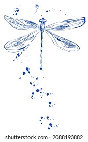 Vector illustration of a dragonfly and ink blots on white background. Design for posters or t-shirts about ecology and wildlife.