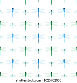 Vector illustration of dragonfly isolated on white background. Seamless pattern of damselfly in flat style.