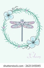 ilustração vetorial de libélula e folhas, flores. Pôster