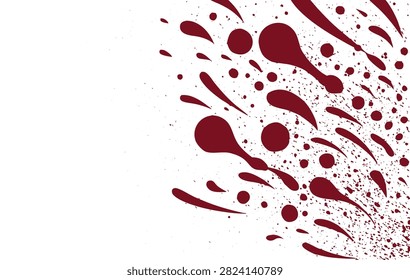Vector illustration of a dramatic dark red blood splatter background featuring fluid liquid drops, spray specks, and energetic splash streaks clustered on the right side, isolated on a white background with left copy space, perfect for crime scene graphics, Halloween horror party posters, thriller movie covers, action banners, and gory artistic designs.