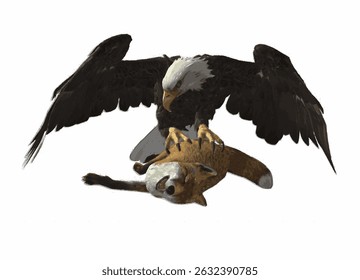 Vector illustration of a dramatic scene showing an eagle attacking a fox in natural wildlife.