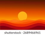 Vector illustration of a dramatic sunset or sunrise scene featuring a large glowing sun above layered hills or dunes, showcasing rich red, orange, and yellow tones with smooth gradient transitions