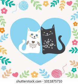 Vector illustration draw character design couple love of cat in valentine day and word love.