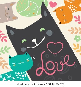 Vector illustration draw character design couple love of cat in valentine day and word love.
