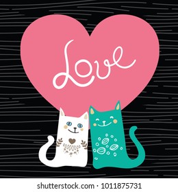 Vector illustration draw character design couple love of cat in valentine day and word love.