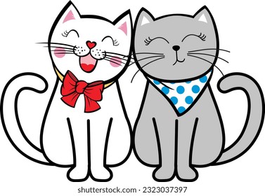 Vector illustration draw character design couple love of cat in valentine day and word love.