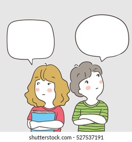 Vector illustration draw character design of a boy and a girl student thinking,speech bubbles.Doodle cartoon style.