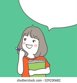 Vector illustration draw character design of a girl thinking about studying with speech bubble.Doodle cartoon style.