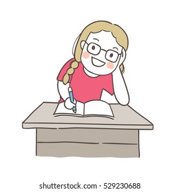 Vector illustration draw character design of a girl happy to do homework.Doodle cartoon style.