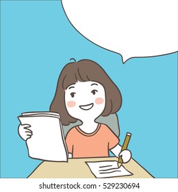 Vector illustration draw character design of a girl thinking about her homework.Doodle cartoon style.