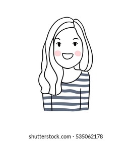 Vector illustration draw character design of happy girl long hair.Doodle cartoon style.