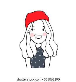 Vector illustration draw character design of happy girl long hair and red hat.Doodle cartoon style.