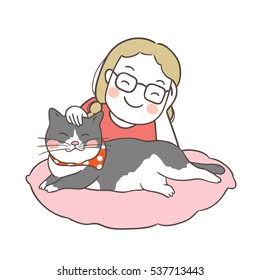 Vector illustration draw character design of girl love her cat.Doodle cartoon style.
