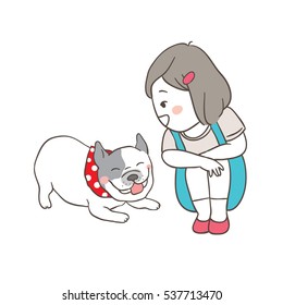 Vector illustration draw character design of girl sit playing with pug dog.Doodle cartoon style.