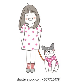 Vector illustration draw character design of girl happy with pug dog.Doodle cartoon style.