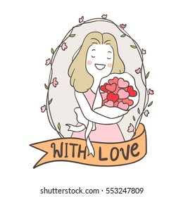 Vector illustration draw character design of cut girl valentine sweet vintage frame in valentine.Doodle style.