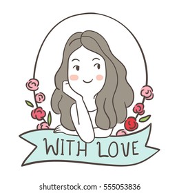 Vector illustration draw character design of cute girl with floral frame in valentine.