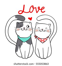 Vector illustration draw character design couple love of cat in valentine day and word love.