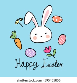 Vector illustration draw character design of cute rabbit with icon for Easter day on blue pastel.Doodle style.