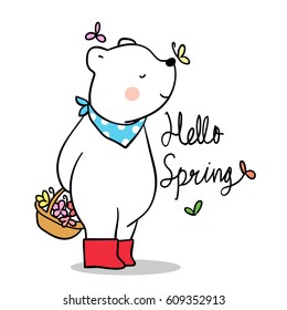 Vector illustration draw character design of cute bear,hello spring and beauty flower.Doodle style.