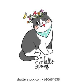 Vector illustration draw character design of cute cat hello spring and beauty flower.Doodle style.