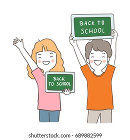 Vector illustration draw character design of a girl and a boy hold a board for back to school.Doodle style.