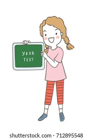 Vector illustration draw character design of a girl holding a board for write some text.Doodle cartoon style.