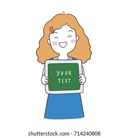Vector illustration draw character design of a girl holding a board for write some text.Doodle cartoon style.