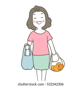 Vector illustration draw character mother happy shopping in market.Doodle cartoon style.