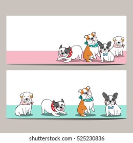 Vector illustration draw character set banner background of pug dog,bulldog.Doodle cartoon style.