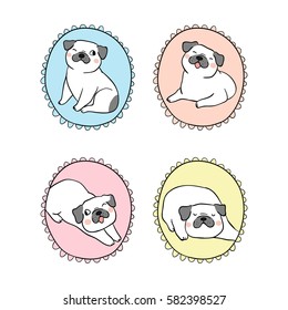Vector illustration draw character set vintage frame of outline cute pug dog.Doodle style.